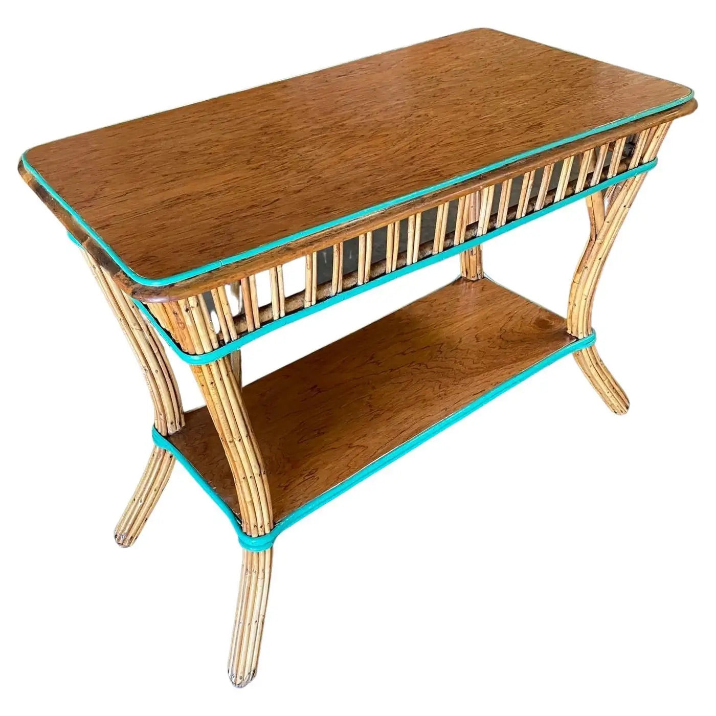 Consola de Ratán de Caña con Tapa de Caoba 1950s