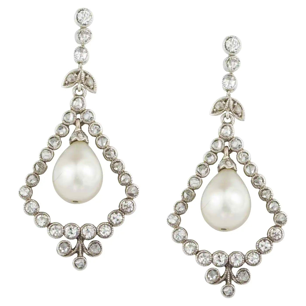 Pendientes Eduardianos de Perlas Naturales y Diamantes de 1900