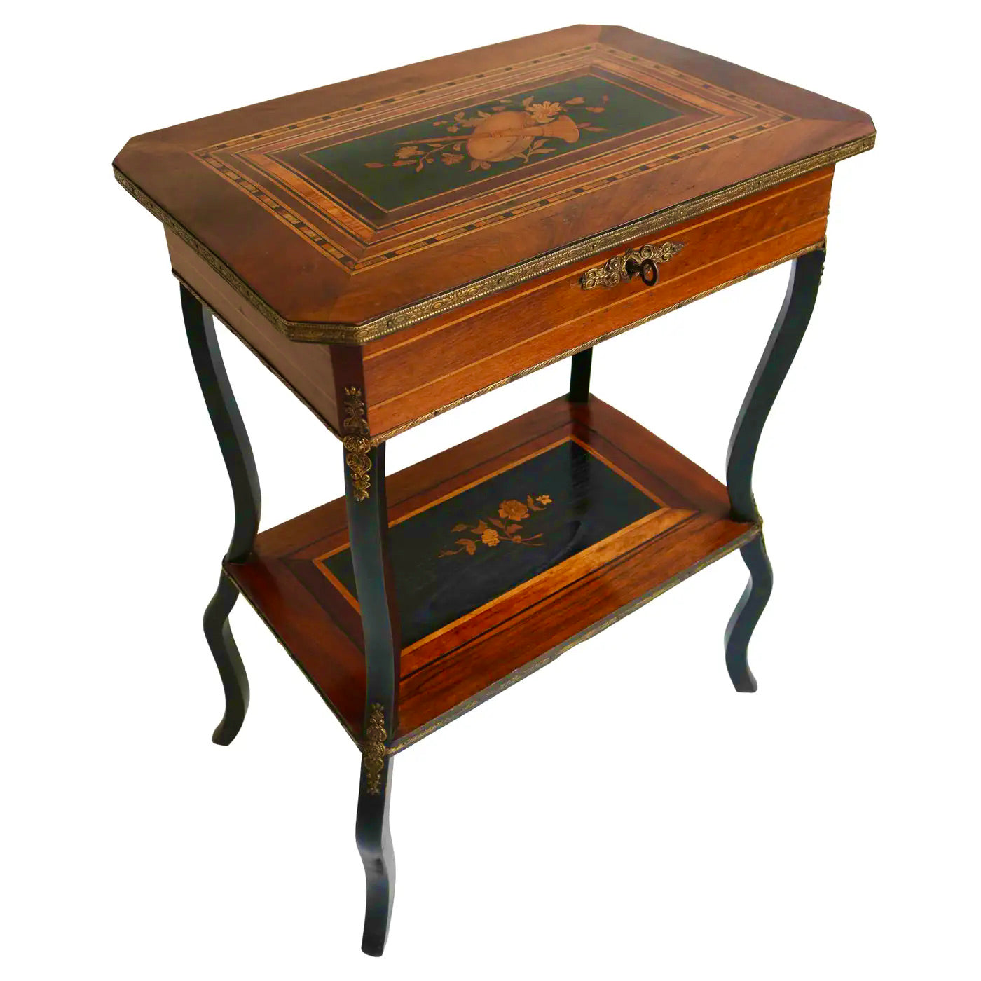 Mesa Auxiliar Napoleón III con Marquetería Floral e Instrumental, Francia 1860