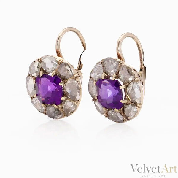 Pendientes victorianos de amatista y diamantes talla rosa de 1890