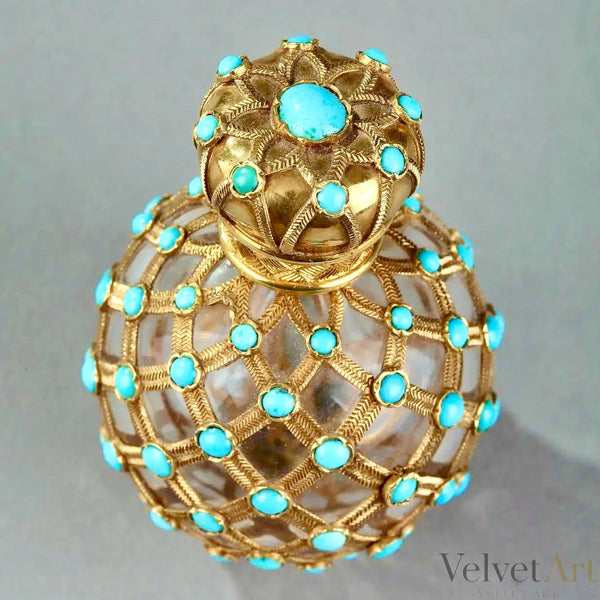 Antiguo Frasco de Perfume con Malla de Oro y Perlas Turquesa Estilo Imperio