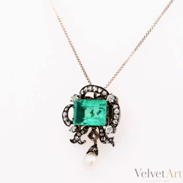 Colgante Victoriano Esmeralda Colombiana, Perla y Diamantes de 1880