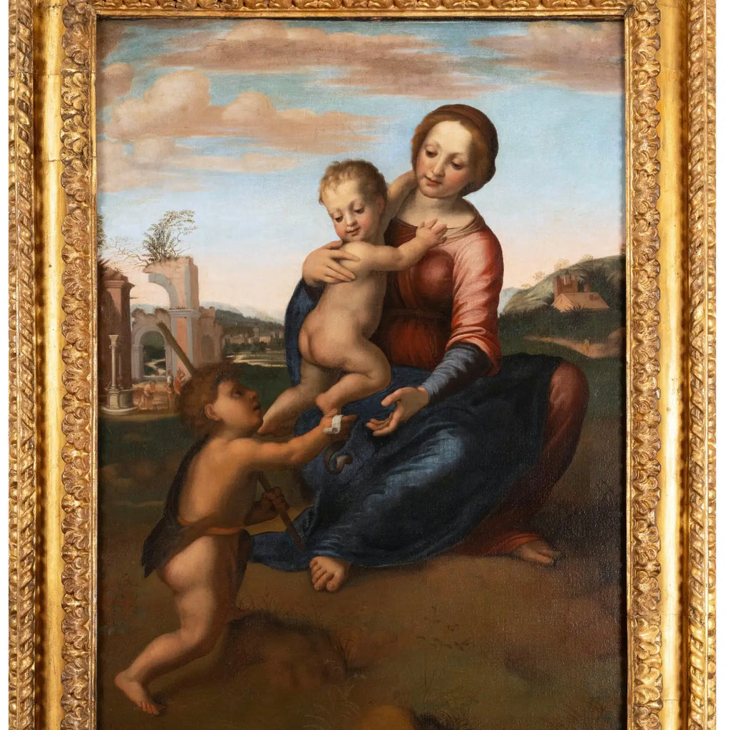 La Virgen con el Niño y San Juan Bautista: Pintura Italiana del Siglo XVII Inspirada en Franciabigio