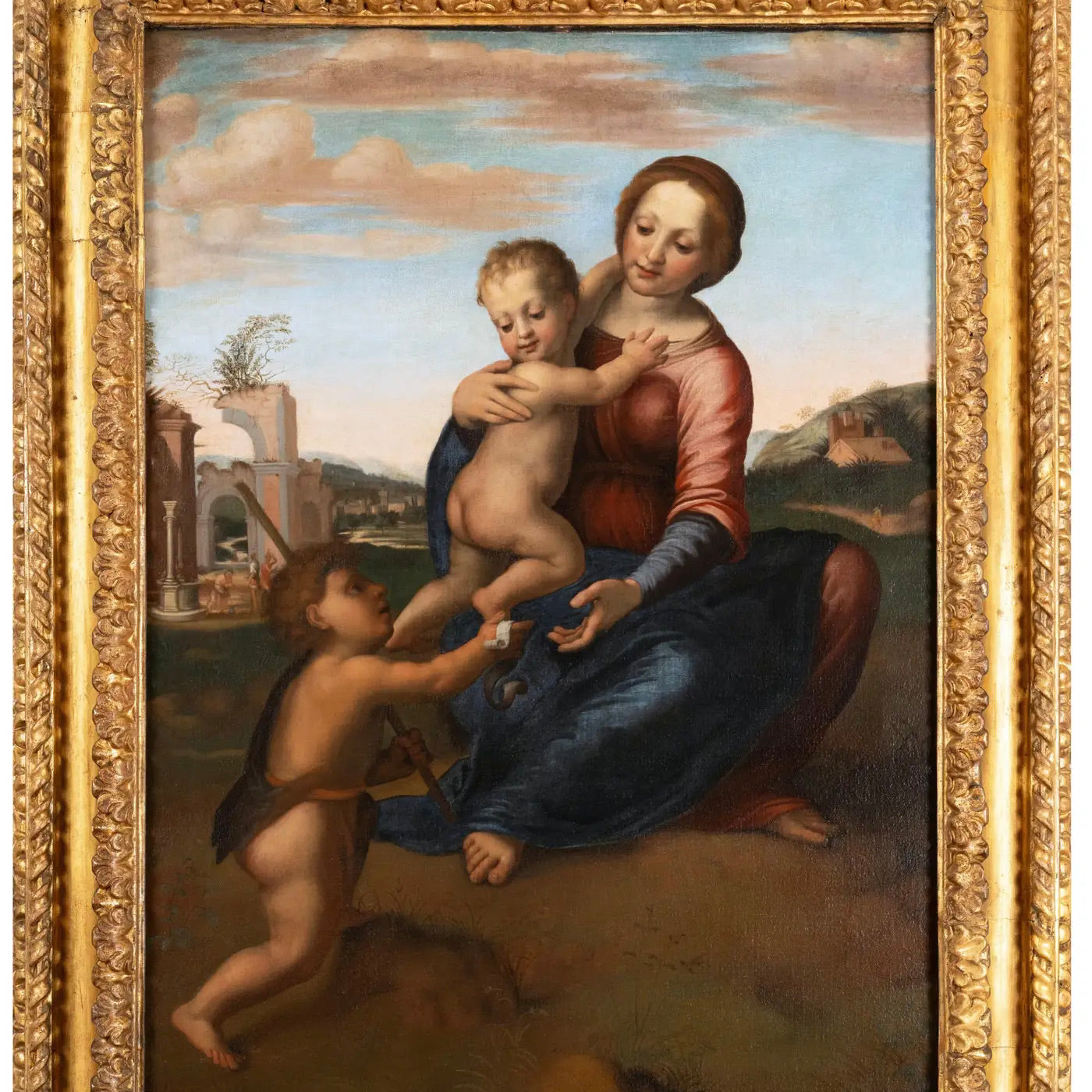 La Virgen con el Niño y San Juan Bautista: Pintura Italiana del Siglo XVII Inspirada en Franciabigio