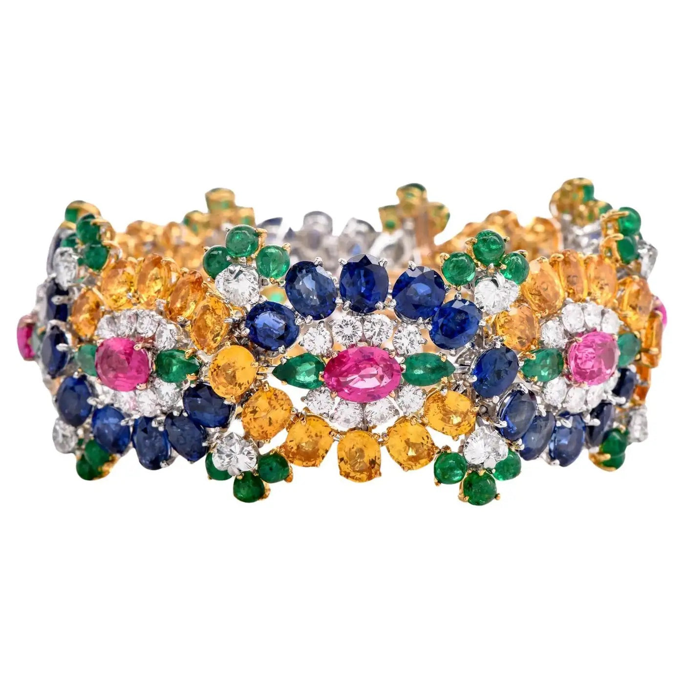 Pulsera en Racimo Floral de Platino. Zafiro y Diamante