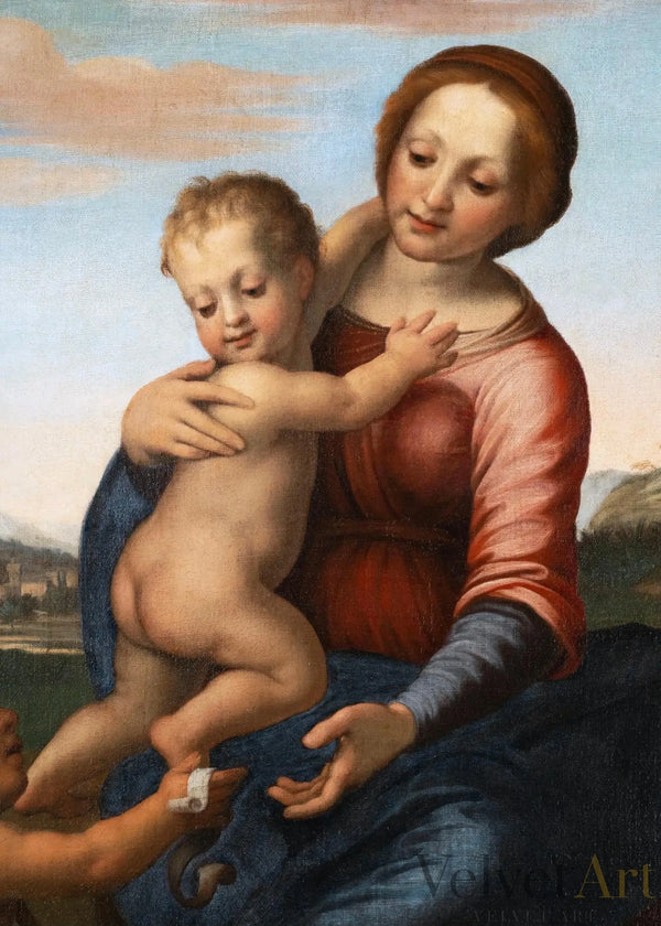 La Virgen con el Niño y San Juan Bautista: Pintura Italiana del Siglo XVII Inspirada en Franciabigio