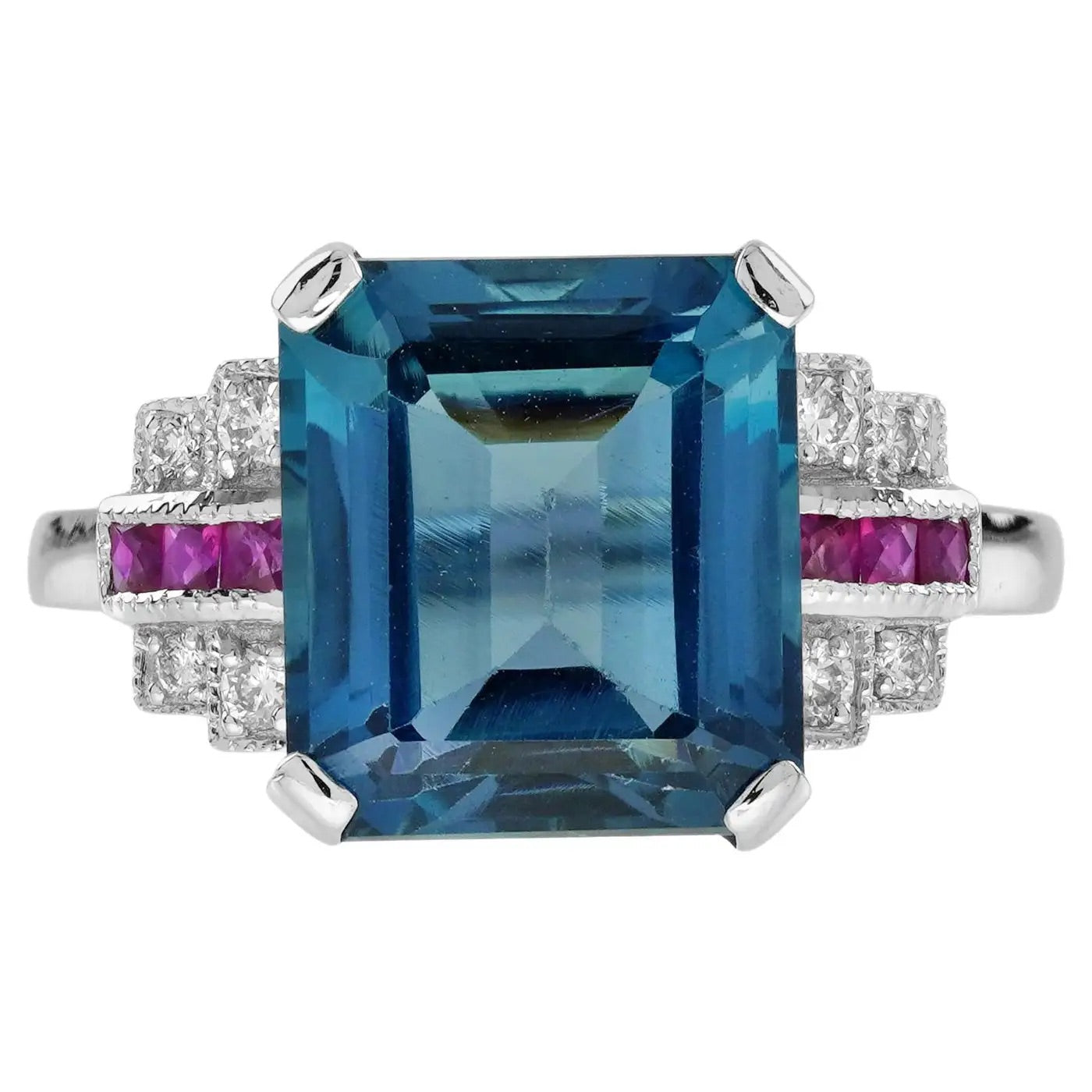 Anillo de Compromiso de Oro con Topacio Azul, Rubí y Diamante