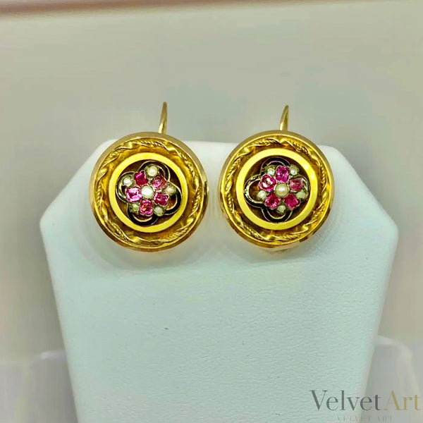 Pendientes Victorianos con Motivo Floral de Rubí y Perla del Siglo XIX