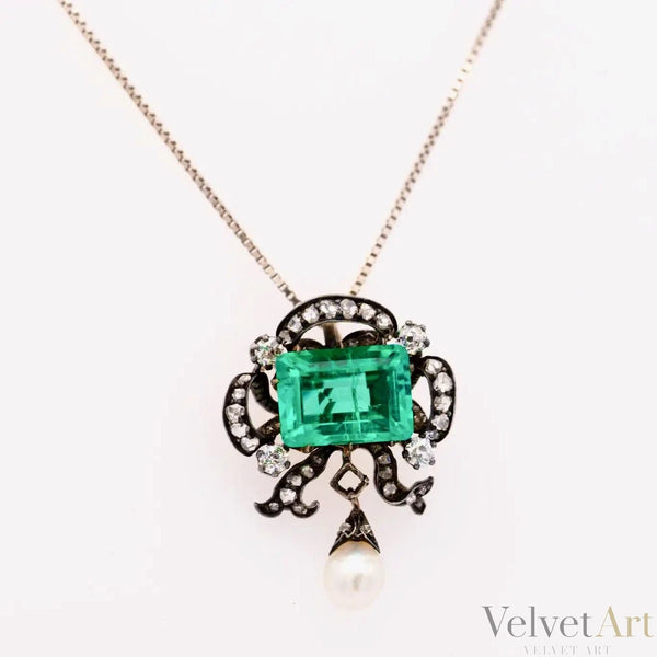 Colgante Victoriano Esmeralda Colombiana, Perla y Diamantes de 1880
