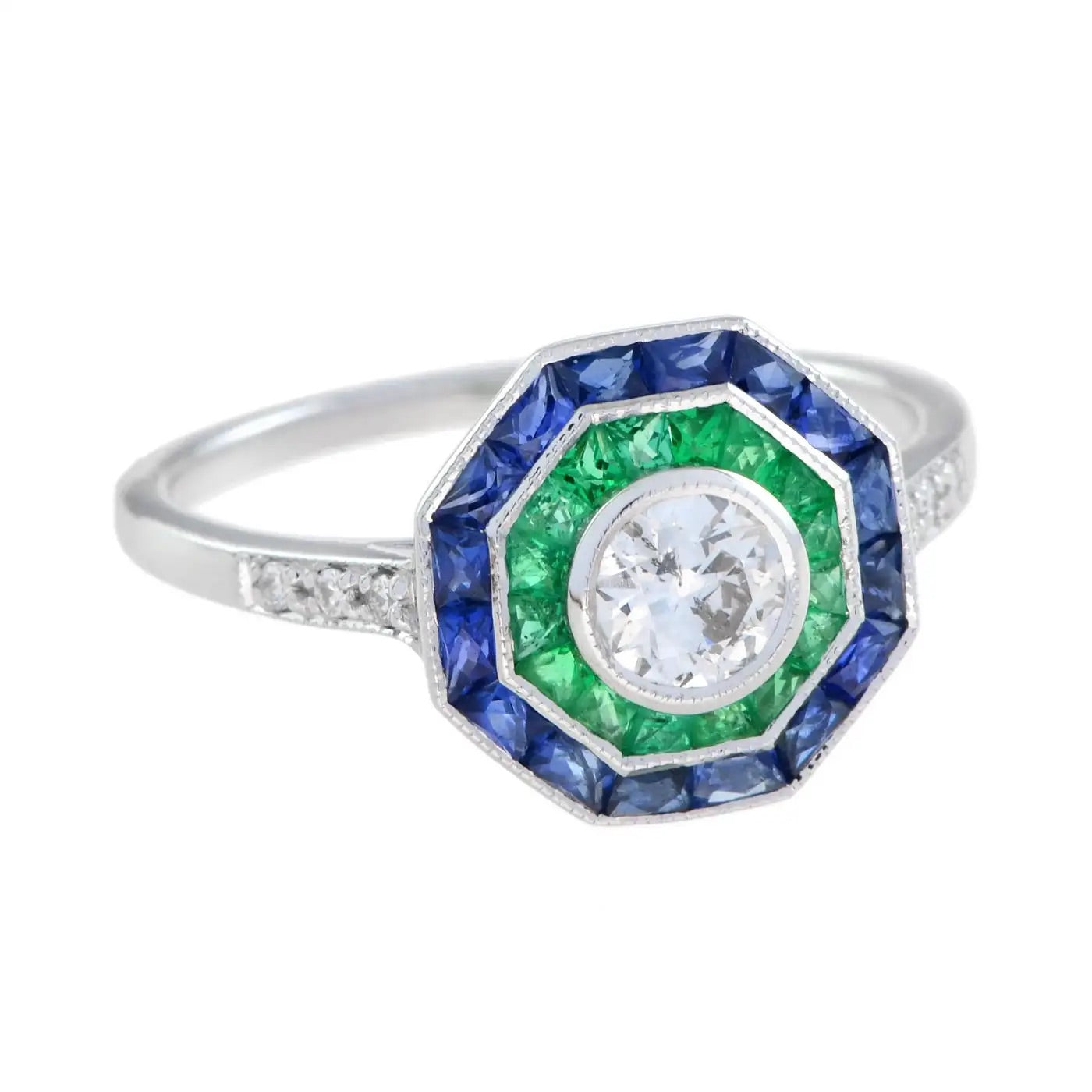 Anillo de Compromiso de Diamantes con Zafiro y Esmeralda