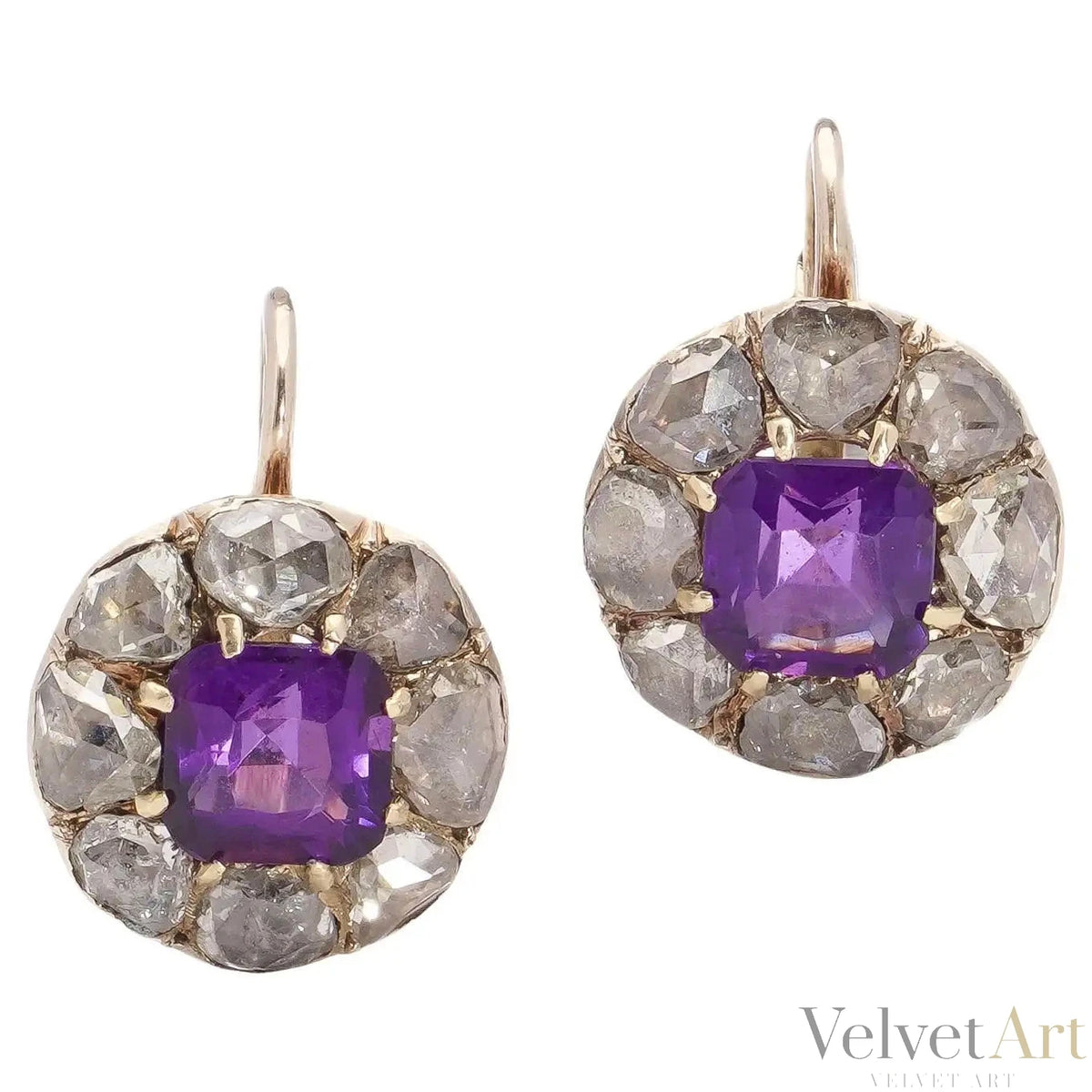 Pendientes victorianos de amatista y diamantes talla rosa de 1890