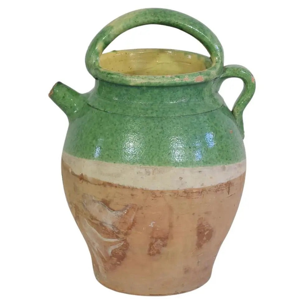 Jarra Aguamanil de Terracota Francesa Vidriada en Color Verde del Siglo XIX