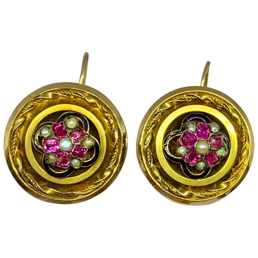 Pendientes Victorianos con Motivo Floral de Rubí y Perla del Siglo XIX