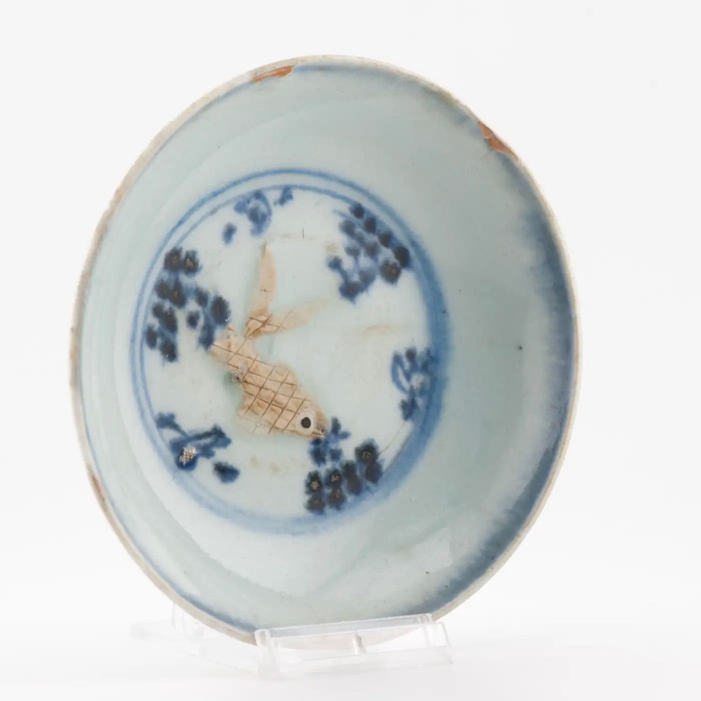 Plato Pequeño de Porcelana China con Pez en Relieve | Dinastía Ming, 1500