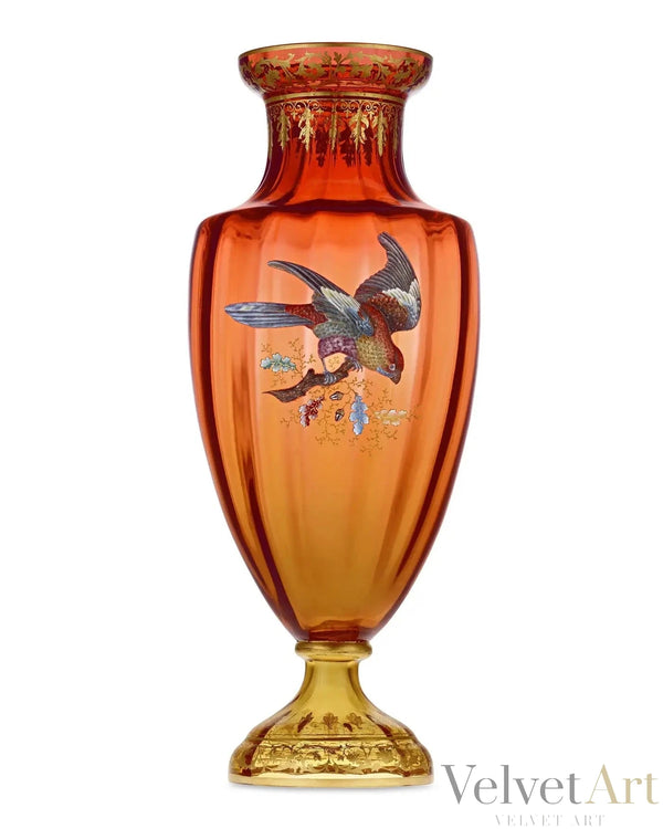 Jarrón de Moser con Pájaro Dorado y Esmaltado