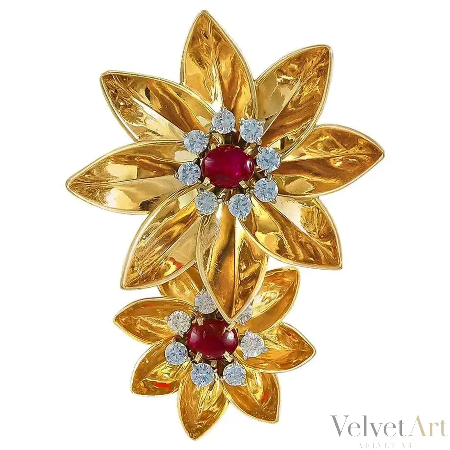 Broche Cartier Años 40 | Flor de Diamantes y Rubíes