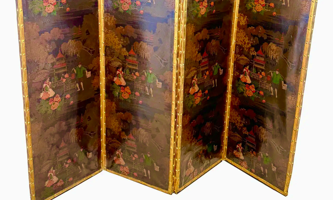 Biombo Chinoiserie Victoriano de Cuero y Cuatro Pliegues | Inglaterra, 1890
