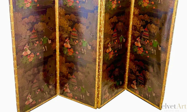 Biombo Chinoiserie Victoriano de Cuero y Cuatro Pliegues | Inglaterra, 1890
