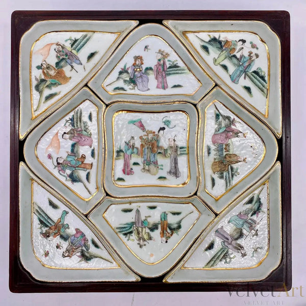 9 Platos Dulceros Famille Rose con Caja de Palo de Rosa | Porcelana Qing