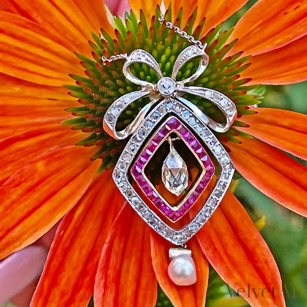 Collar Perla Agua Salada y Rubí Eduardiano | Belle Époque, 1900