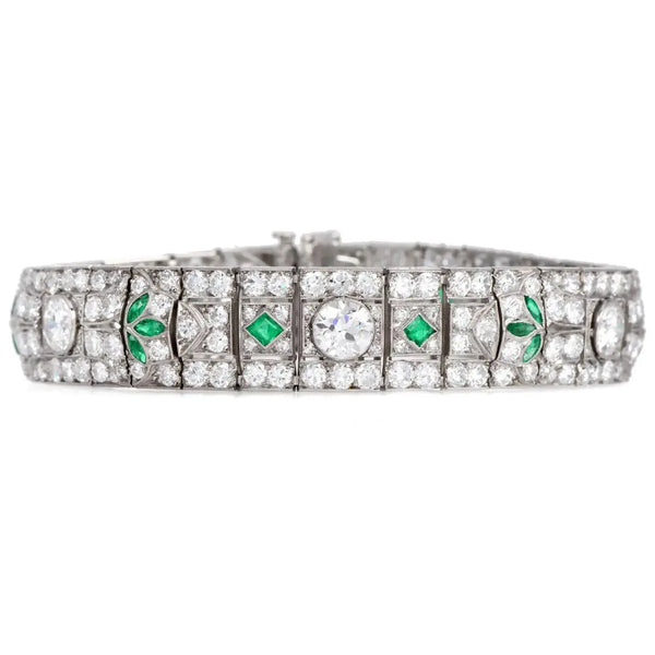 Pulsera Estilo Art Deco | Diamantes y Esmeraldas | Francia, 1920