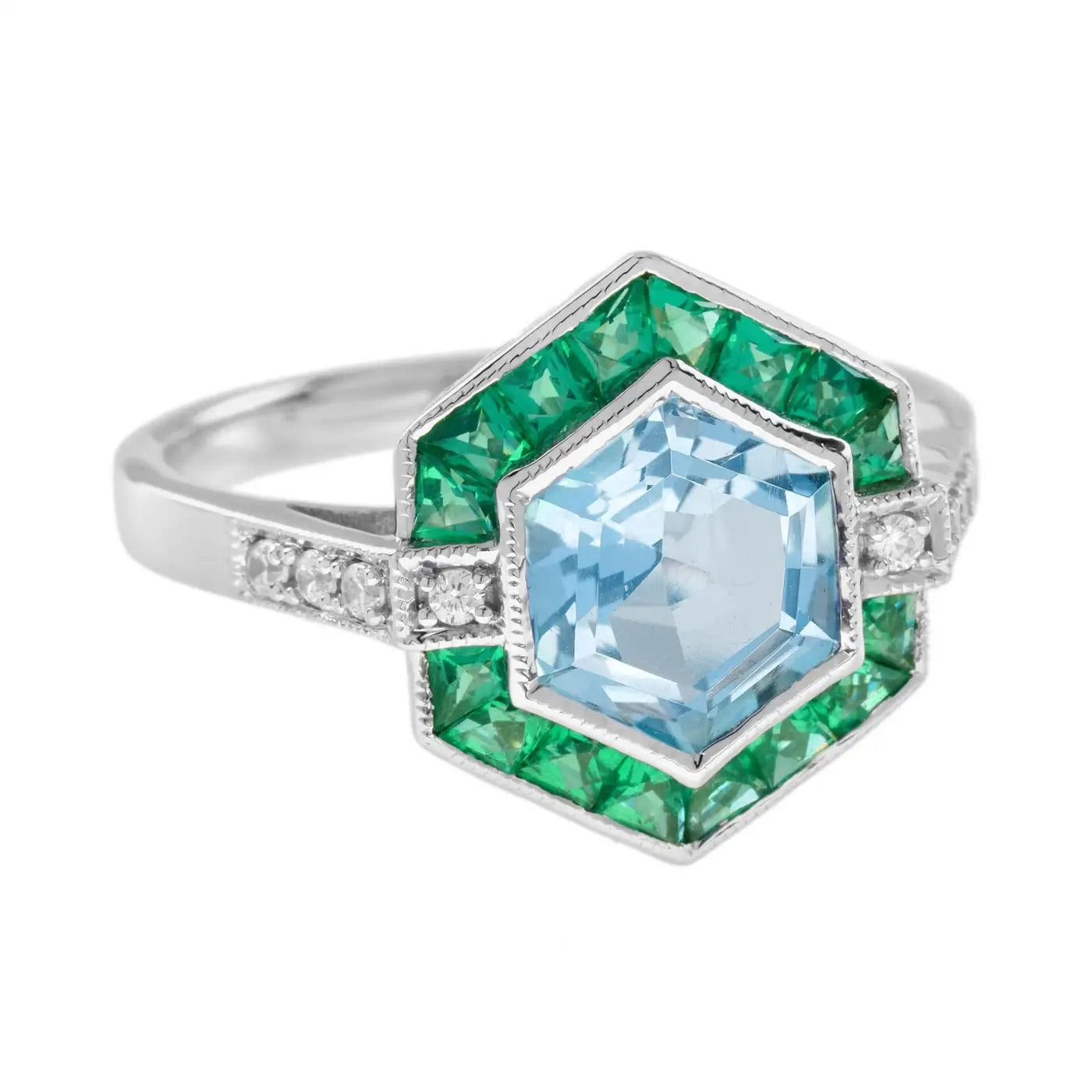 Anillo Hexágono Esmeralda y Aguamarina