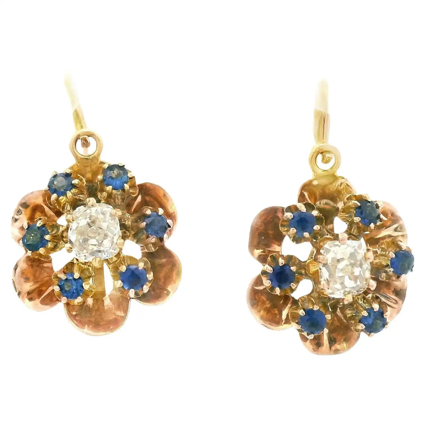 Pendientes Victorianos Motivo Floral con Diamantes y Zafiros de 1890