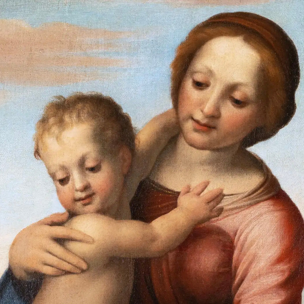 La Virgen con el Niño y San Juan Bautista: Pintura Italiana del Siglo XVII Inspirada en Franciabigio
