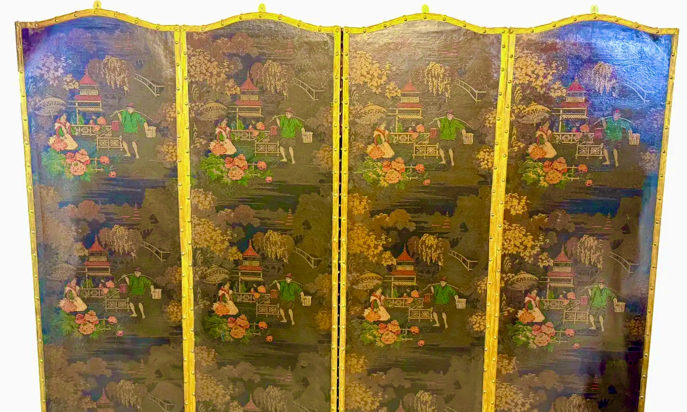 Biombo Chinoiserie Victoriano de Cuero y Cuatro Pliegues | Inglaterra, 1890