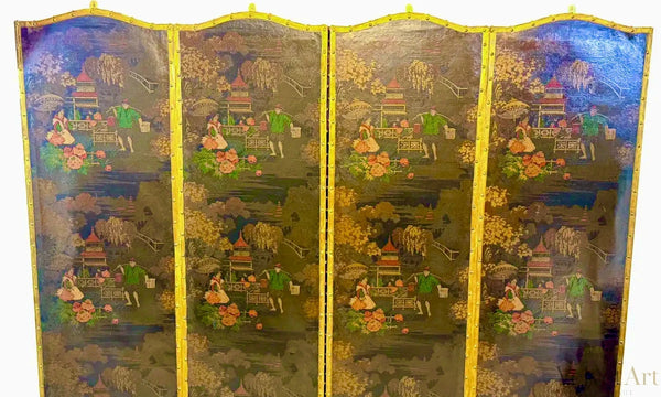 Biombo Chinoiserie Victoriano de Cuero y Cuatro Pliegues | Inglaterra, 1890