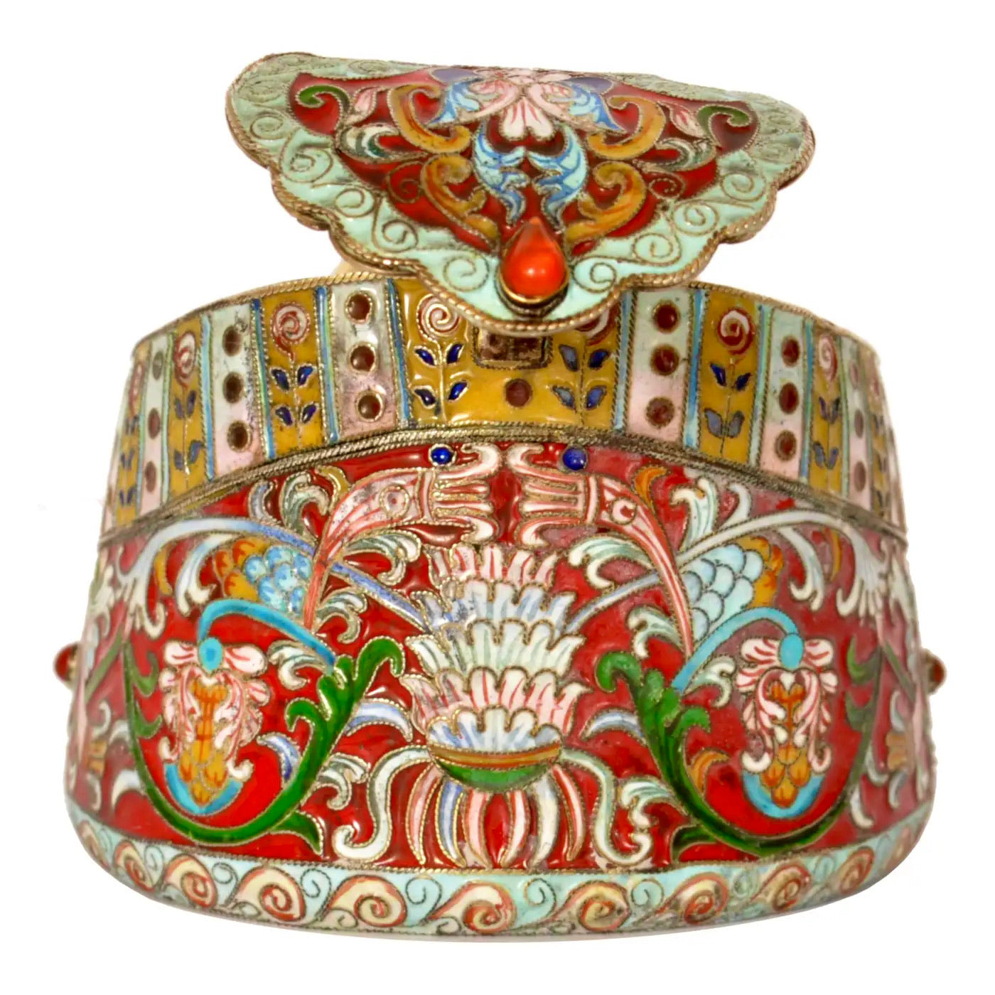 Antiguo Kovsh Ruso de Plata Dorada Cloisonné Joyas Fabergé 1908