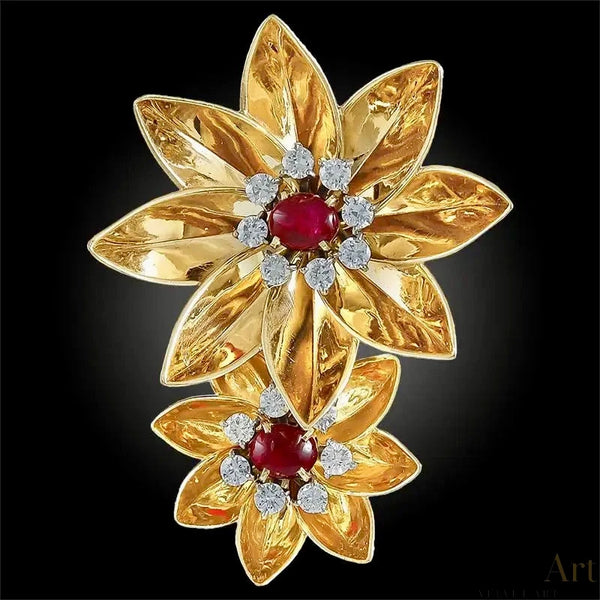 Broche Cartier Años 40 | Flor de Diamantes y Rubíes