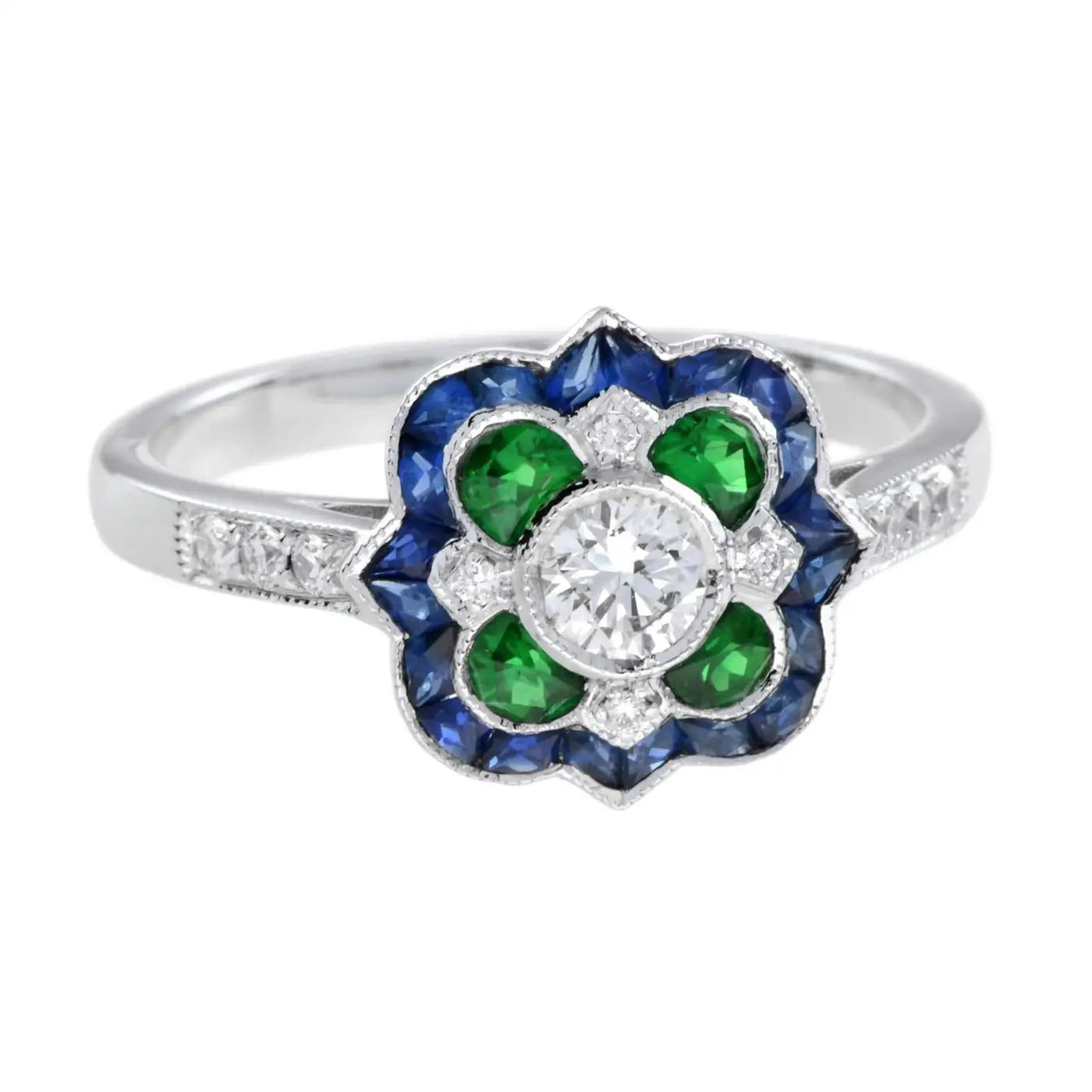 Anillo con Diamantes, Esmeraldas y Zafiro