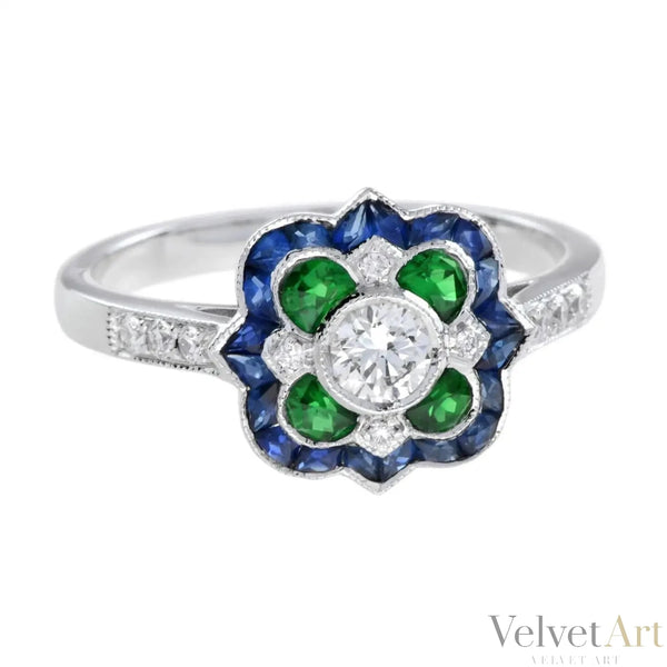Anillo con Diamantes, Esmeraldas y Zafiro