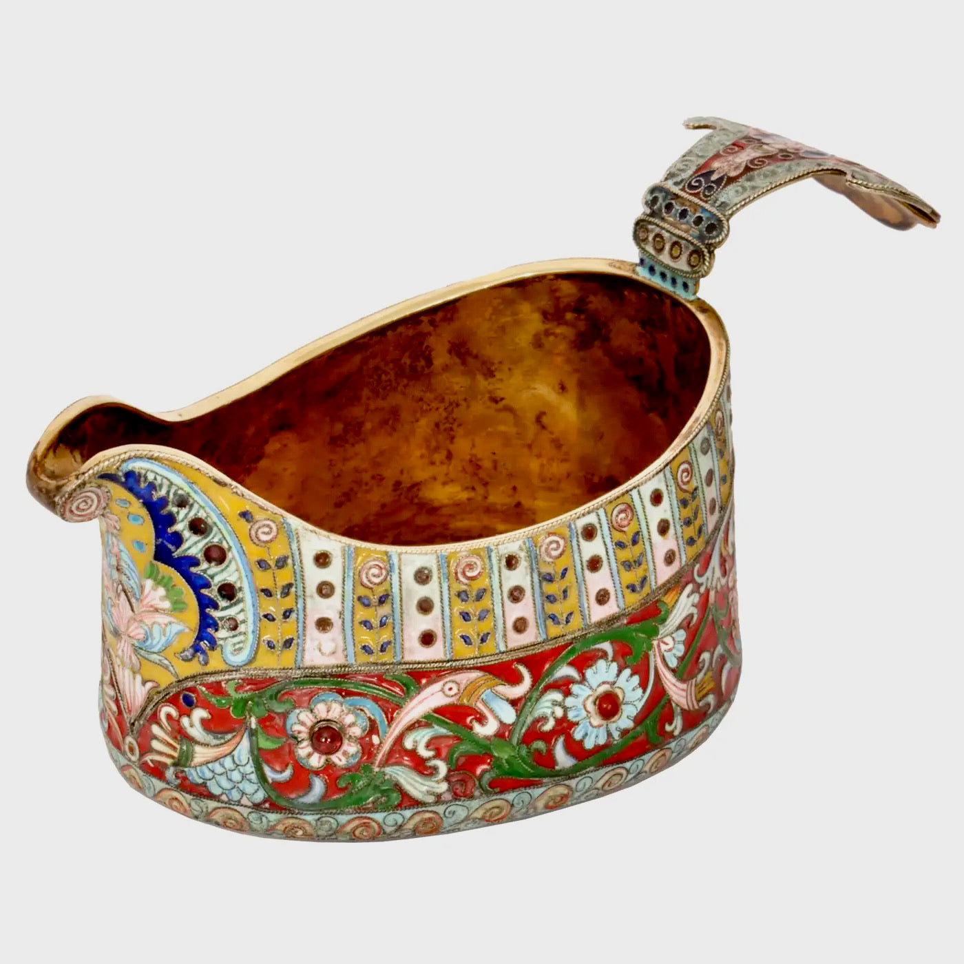 Antiguo Kovsh Ruso de Plata Dorada Cloisonné Joyas Fabergé 1908