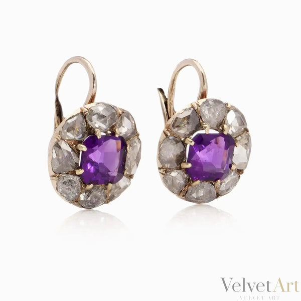 Pendientes victorianos de amatista y diamantes talla rosa de 1890
