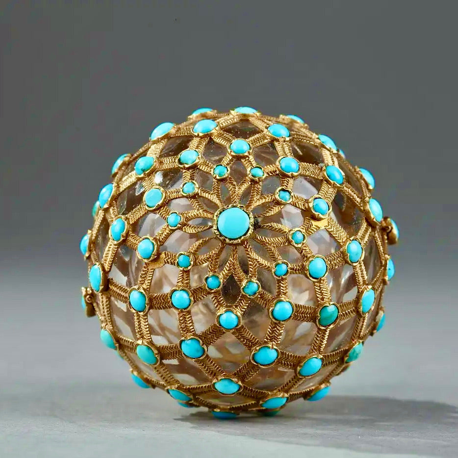 Antiguo Frasco de Perfume con Malla de Oro y Perlas Turquesa Estilo Imperio
