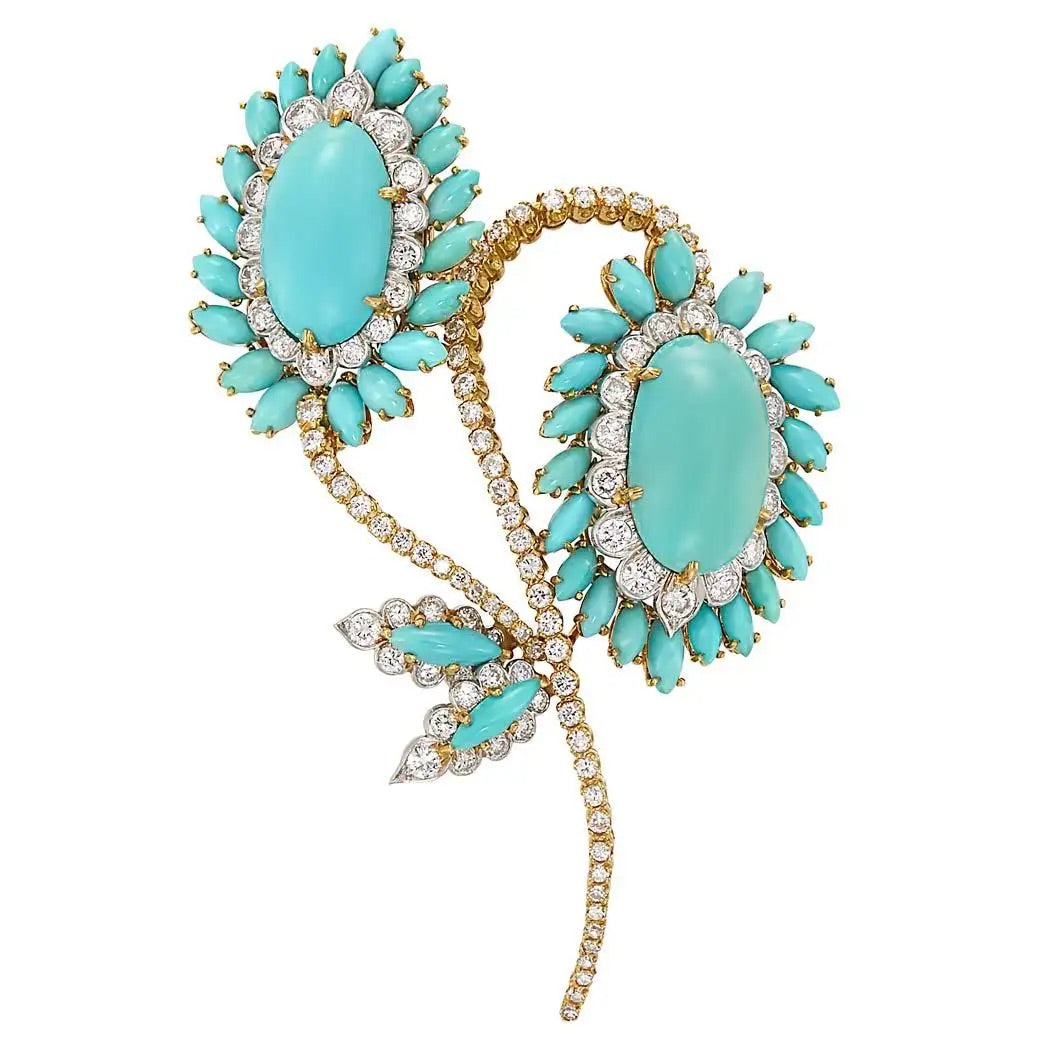 Broche Flor de Oro con Diamantes y Turquesas David Webb