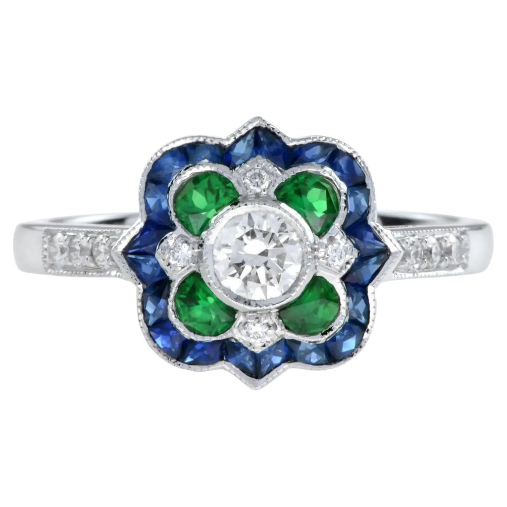 Anillo con Diamantes, Esmeraldas y Zafiro