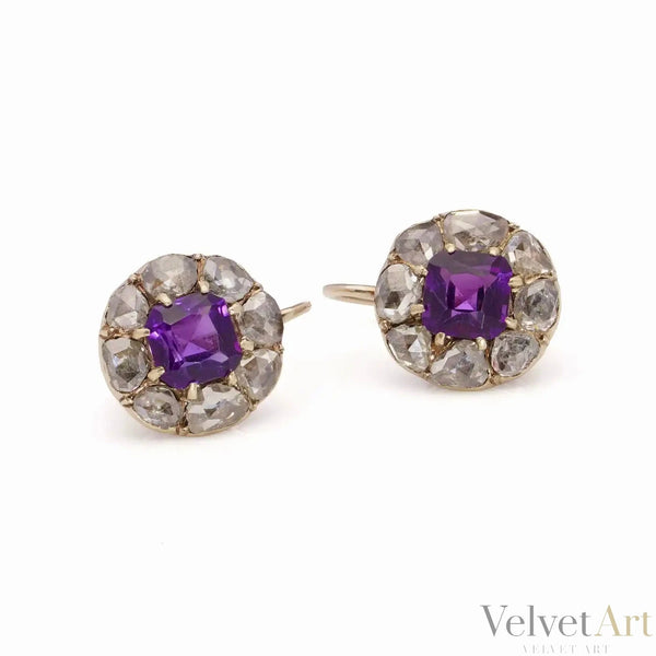 Pendientes victorianos de amatista y diamantes talla rosa de 1890