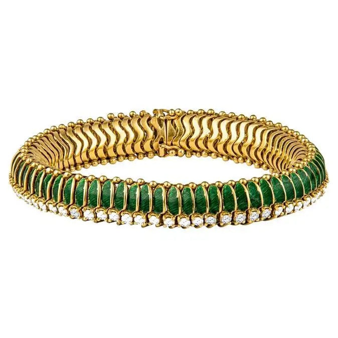 Tiffany & Co Pulsera Vintage de Oro Amarillo con Esmalte Verde 1950