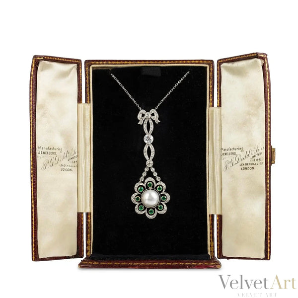 Colgante de Perla Natural Esmeralda y Diamante | Estilo Eduardiano |1910