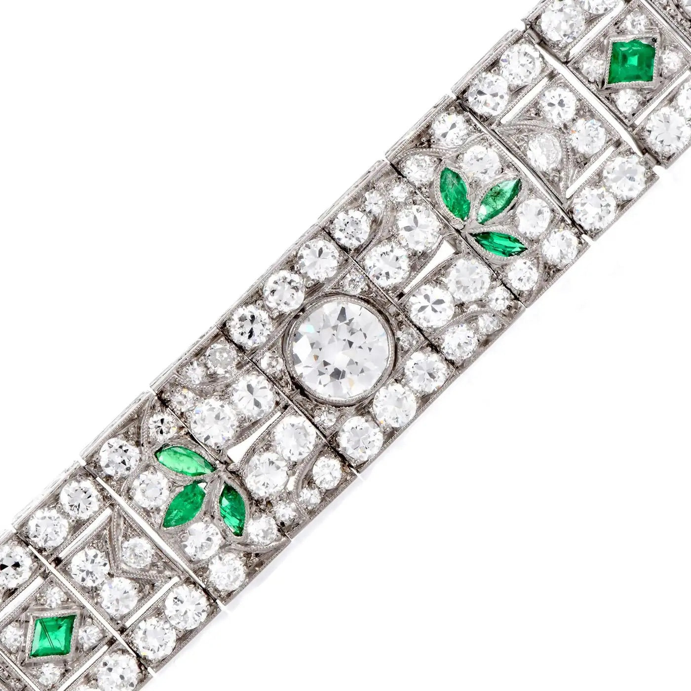 Pulsera Estilo Art Deco | Diamantes y Esmeraldas | Francia, 1920