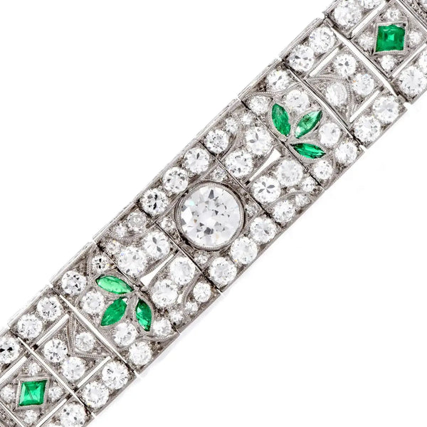 Pulsera Estilo Art Deco | Diamantes y Esmeraldas | Francia, 1920