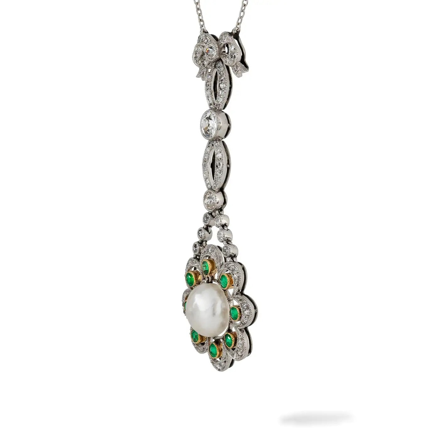 Colgante de Perla Natural Esmeralda y Diamante | Estilo Eduardiano |1910
