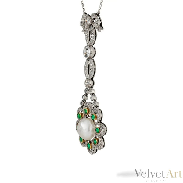Colgante de Perla Natural Esmeralda y Diamante | Estilo Eduardiano |1910