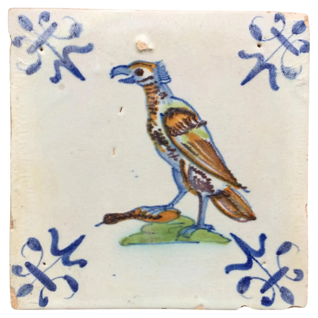 Azulejo Holandés Policromado de Delft, 1625 | "Halcón con una Presa"
