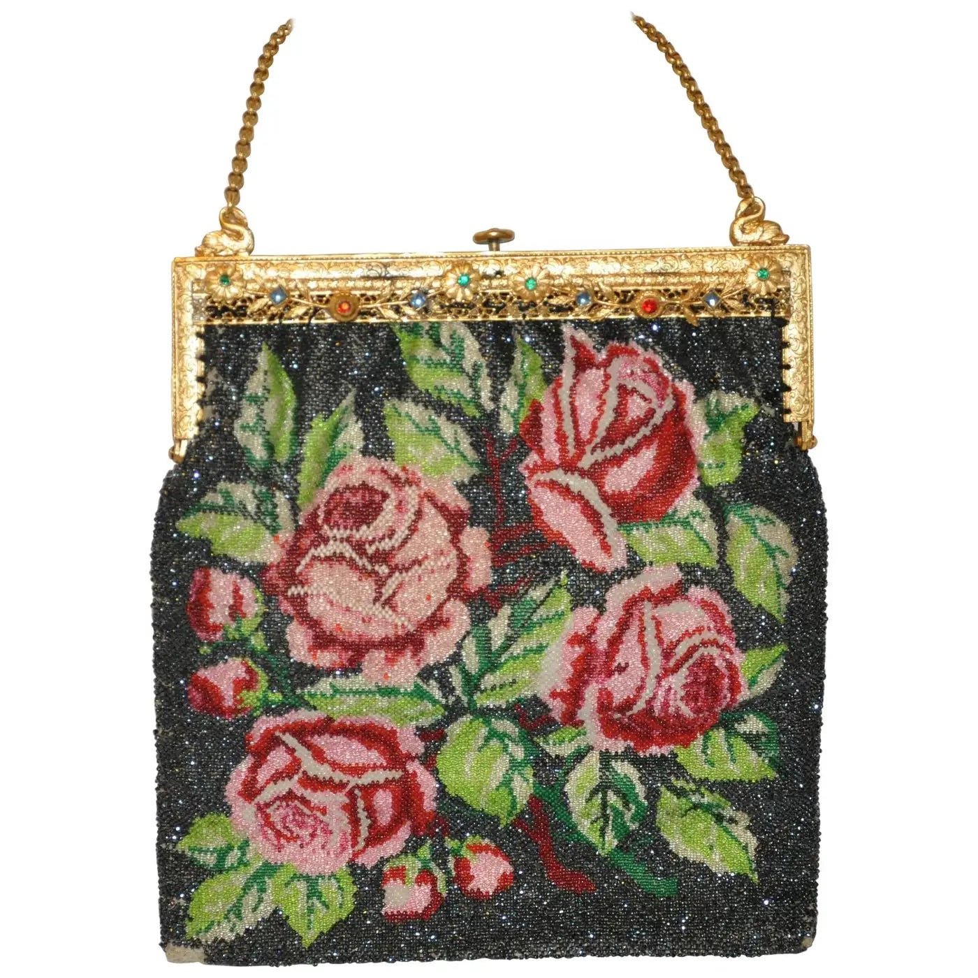 Bolso "Rosas" con Microperlas Grabado en Tono Oro Francia 1950