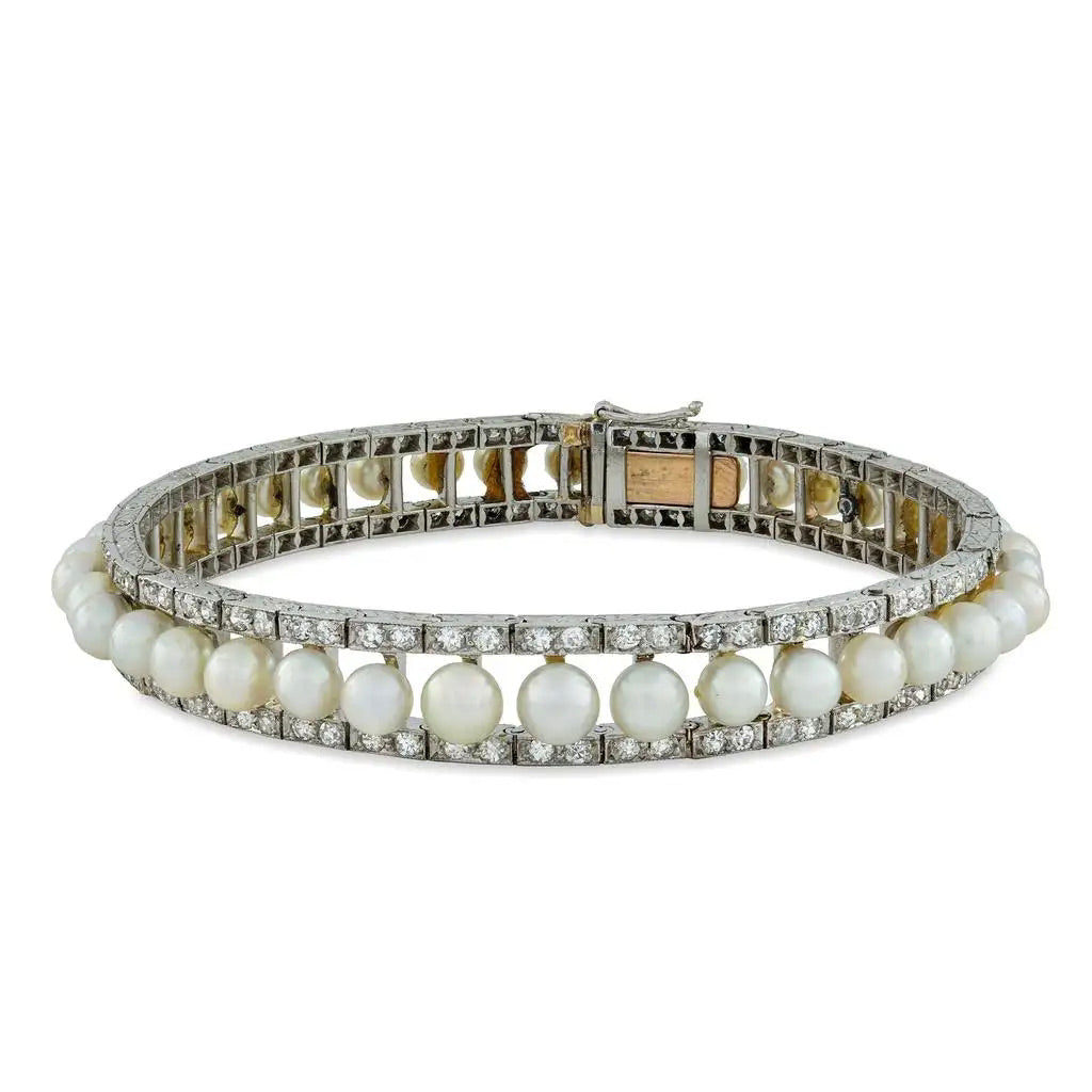 Pulsera Eduardiana de Diamantes y Perlas Naturales | Inglaterra, 1910