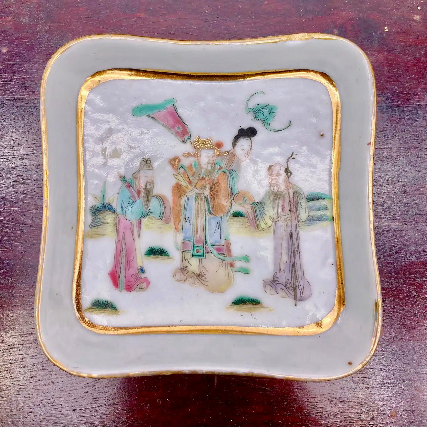 9 Platos Dulceros Famille Rose con Caja de Palo de Rosa | Porcelana Qing